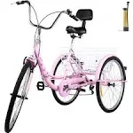 VEVOR 24'' Foldable Adult Tricycle Folding Adult Trike 7 Speed Bikes w/Basket - 69.7" x 30.7" - Pink