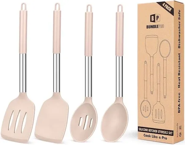 Pack of 4 Silicone Cooking Utensils Set, Non Stick Large Solid Spatulas, Heat Resistant Stainless Steel Khaki Slotted Spoons, Ideal BPA Free Kitchen Turners for Frying, Mixing,Serving,Draining,Turning