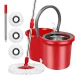 PULNDA Spin Mop and Bucket Set, 360° Spin Mop and Bucket with Wringer Set and 3 Microfiber Mop Refills, Stainless Steel 61" Extended Handle Spinning