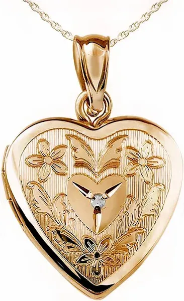 14K Yellow Gold Floral Etched Heart Locket with 18-inch Chain