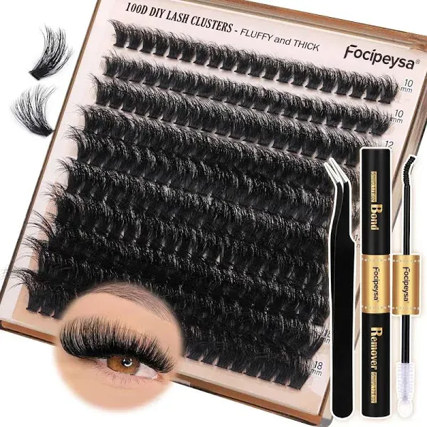 Focipeysa Fluffy Lash Extension Kit 200Pcs Lash Clusters Kit with Lash Bond and Seal and Lash Tweezers Lash Clusters DIY Eyelash Extensions Kit at Home (150D 10-18mm D Curl)