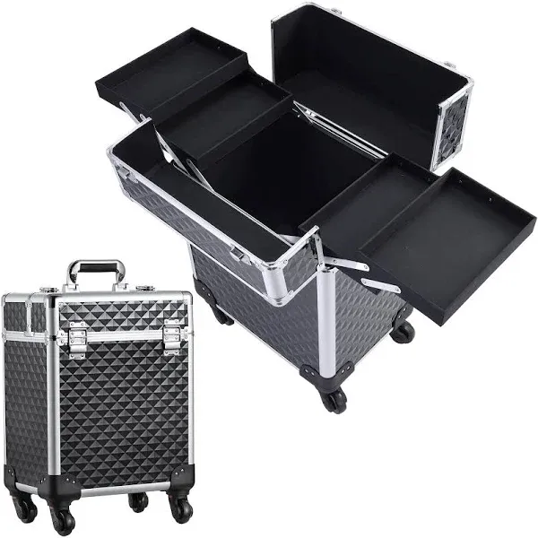 Mecucasi Rolling Makeup Train Case Large Cosmetic Trolley Organized Aluminum Barber Case for Hairstylist Makeup Nail Tech Salon with Keys Swivel