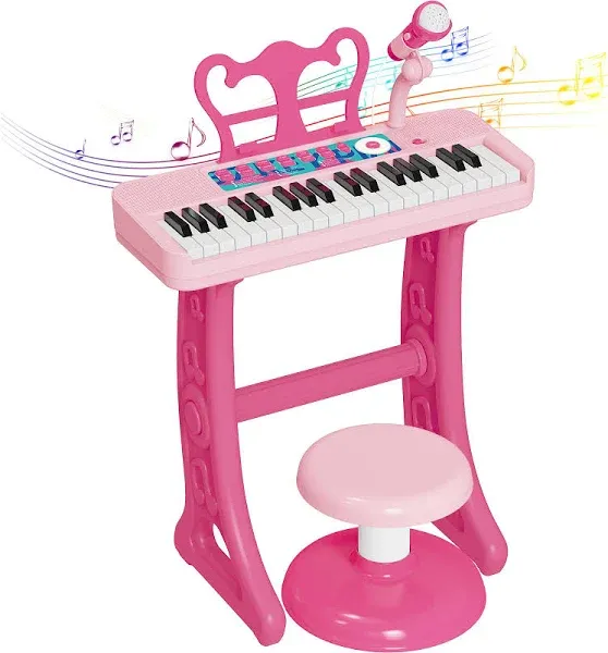 37-Key Pink Piano Toy with Stool and Stand for Girls 3-5 - Musical Gift