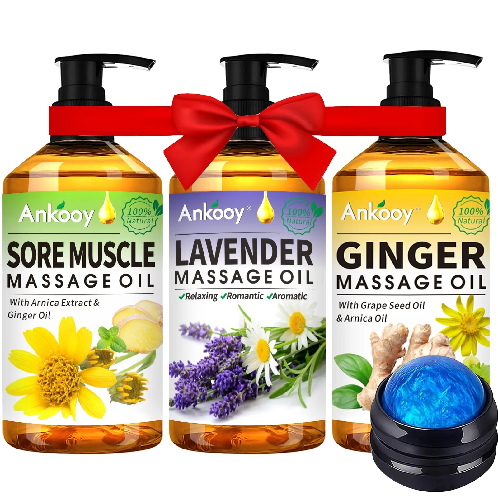 3 Pack - Massage Oil for Massage Therapy with Massage Roller Ball Ginger Oil