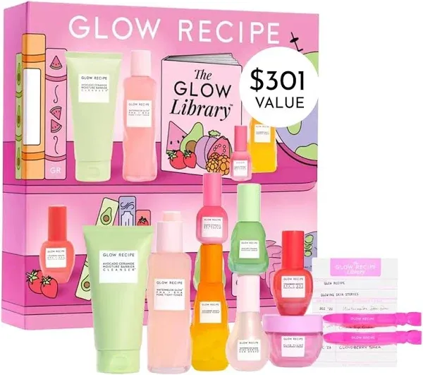 Glow Recipe Library Skincare Gift Set - Avocado Face Wash + Face Serum + Facial Toner + Guava Eye Cream + Hyaluronic Acid Moisturizer + Dew Drops + Strawberry Smooth Serum + 2 Hair Clips (10 Count)