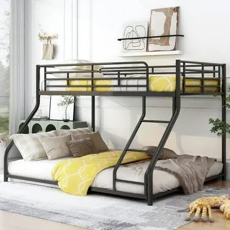 Full XL Over Queen Metal Bunk Bed with Ladder and Guardrails