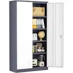 71 inch Metal Garage Storage Cabinet with Locking Doors and Adjustable Shelves - Grey White