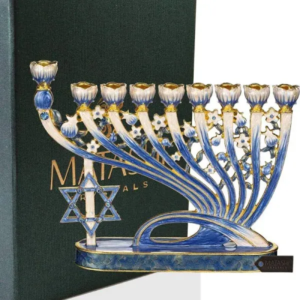 Hand Painted Blue Enamel Menorah Candelabra with Star of David by Matashi