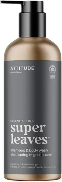 ATTITUDE 2-in-1 Body Wash and Hair Shampoo, EWG Verified Shower Gel, Dermatologically Tested, Made with Naturally Derived Ingredients, Vegan Personal Care, Peppermint and Sweet Orange, 16 Fl Oz