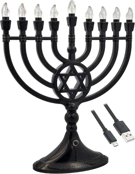 Traditional Black LED Electric Hanukkah Menorah, Plastic