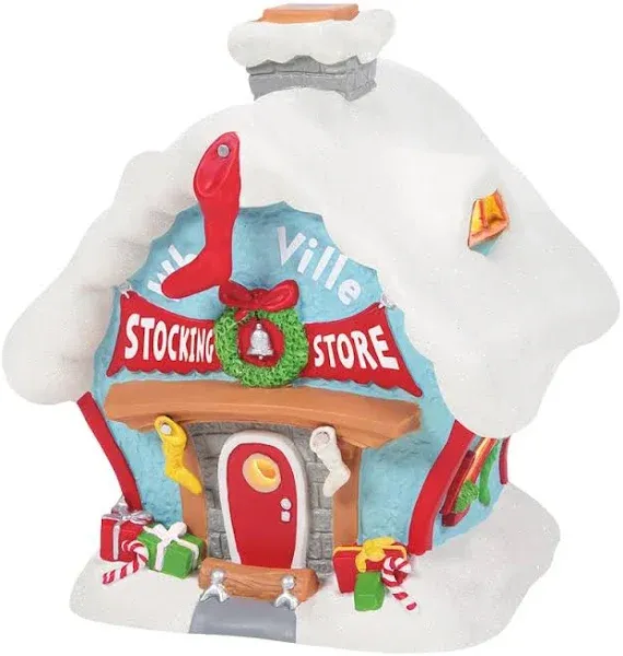 Department 56 Porcelain Dr. Seuss The Grinch Village Who-Ville Stocking Store Lit Building, 7.17 Inch, Multicolor