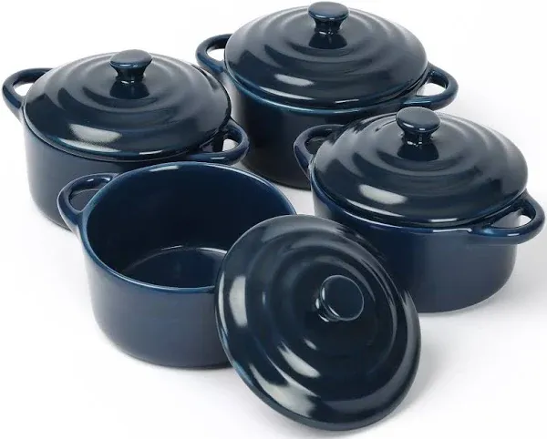 Ceramic Casserole Dish With Lid,Ceramic Mini Cocotte Set,Soup Bowls With Handles And Lids,Mini Dutch Oven Pot With Lid, Oven Safe,Set Of 4 Dutch Oven For Bread Baking, Navy Blue