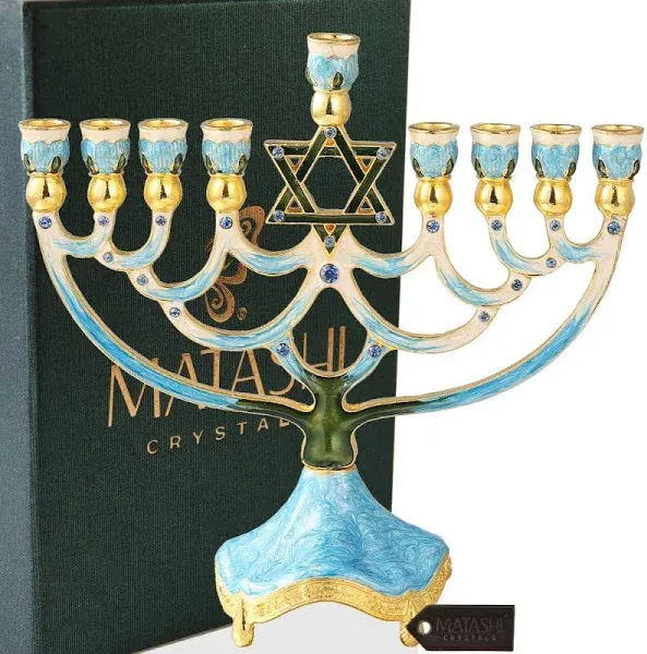 Hand Painted Enamel Menorah Candelabra with a Star of David Design