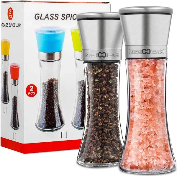 Premium Salt and Pepper Grinder Set 2 - Adjustable Ceramic Sea Salt Grinder and Pepper Grinder - Stainless Steel & Glass Salt and Pepper Shakers - Pepper Mill and Salt Mill - Silver (2pcs)