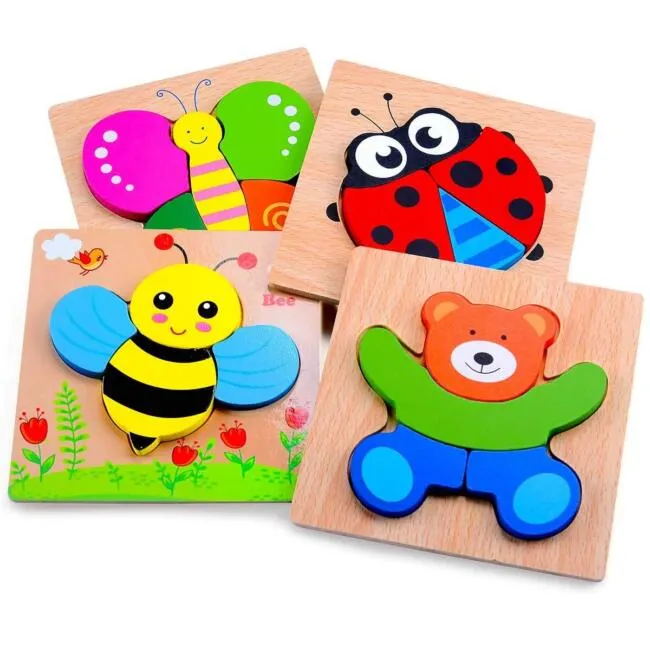 Wooden Puzzles, Set of 4 Montessori Toys for 1 Year Old, Toys for Toddlers 1-3, 