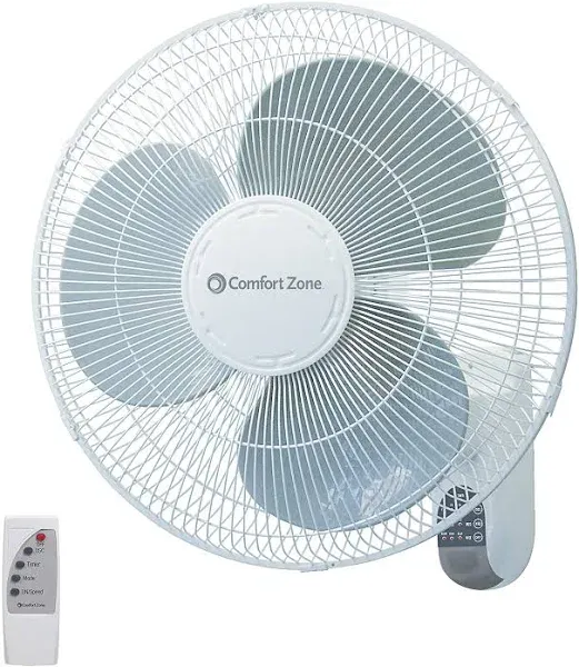 Comfort Zone 16&#034; Quiet 3-Speed Wall Mount Fan with Remote Control, White 