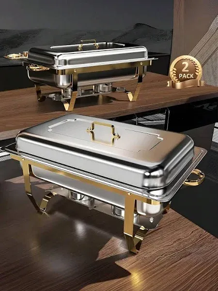 ROOMTEC Chafing Dishes for Buffet 4 Pack, 8QT 304 Stainless Steel Chafing Dish Buffet Set, Chafers and Buffet Warmers Sets for Birthday, Wedding, Rolled-Edge Design, Gold and Silver