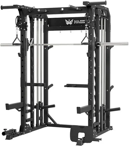 Major Fitness B52 All-in-One Smith Machine Power Rack Black/Blue Home Gym Equipment with Dual Pulley System