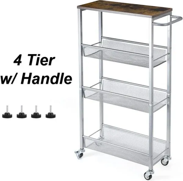 4 Tier Slim Storage Cart, Shelving Unit for Small Space, Slide Out Silver