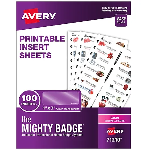 Avery The Mighty Badge Name Badge Inserts, 1 x 3, Clear, Laser,