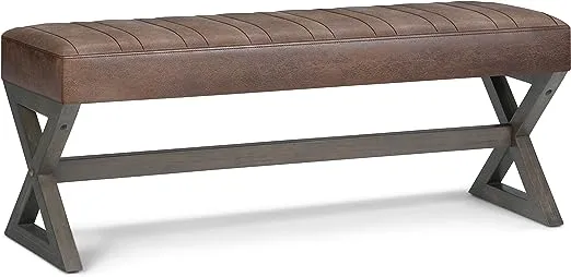 Salinger 48" W Rubberwood Ottoman Bench in Distressed Gray Taupe Faux Leather