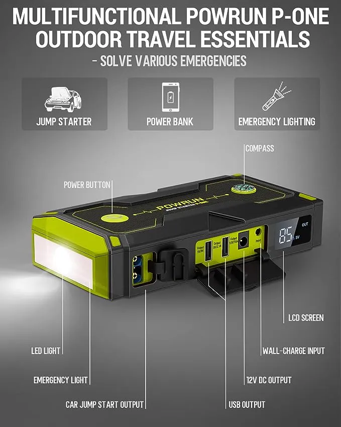 Powrun P-ONE 2000A Portable Jump Starter Box - Car Battery Booster Pack for up to 8.0L Gas and 6.5L Diesel Engines, 12V Battery Jump Starter with LCD Display (Green)