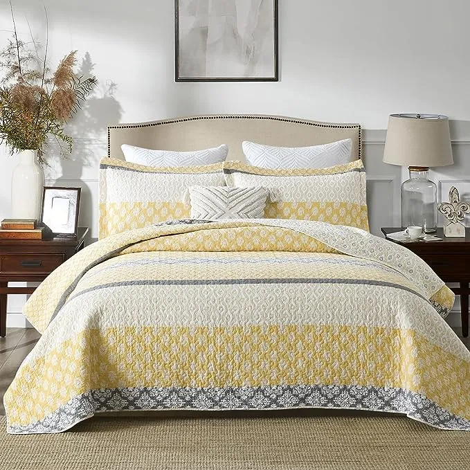 KALOOLA Quilt King Size 100% Cotton (98&#034;x106&#034;), Yellow/Grey 