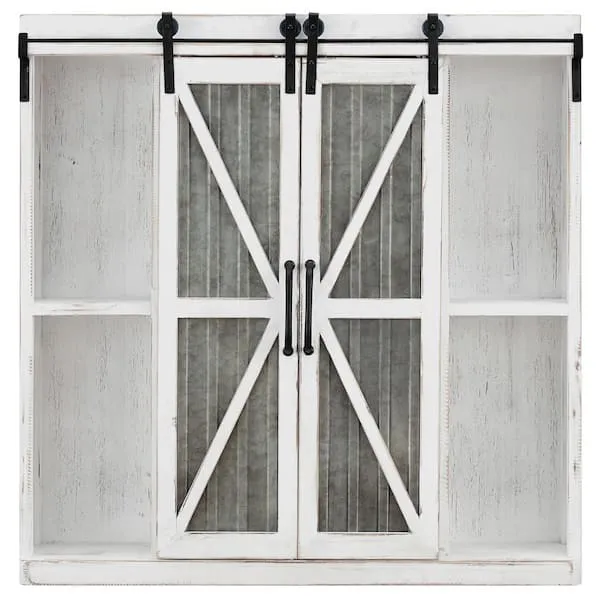 Aged White Wynne Farmhouse Barn Door Accent Cabinet