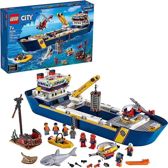 LEGO City Ocean Exploration Ship 60266, Toy Exploration Vessel, Mini Helicopter, Submarine, Shipwreck with Treasure, Lifeboat, Stingray, Shark, Plus 8 Minifigures (745 Pieces)