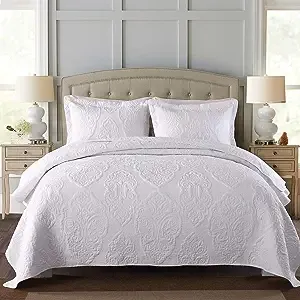 Brandream White Quilt Set Queen Size Cotton Farmhouse Paisley Comforter Set Vintage Quilt Set(White Paisley)