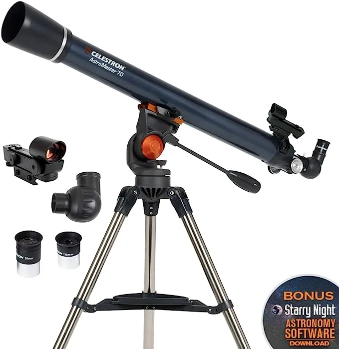 Celestron - Telescopio AstroMaster 70AZ - Telescopio refractor - Óptica de vidrio totalmente recubierta - Trípode de altura ajustable - Paquete de software de astronomía adicional