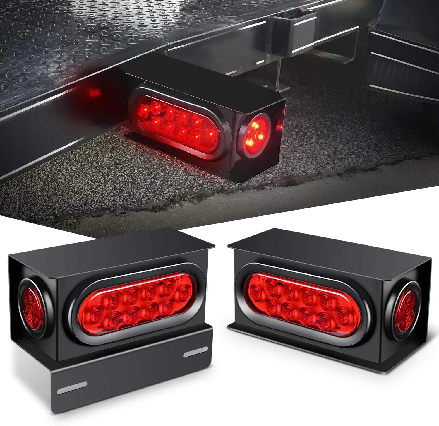 Nilight - Tl-34 2pcs Steel Trailer Light Boxes Housing Kit w/6Inch Oval Red LED Tail Lights 2 inch Round Side Marker w/Grommet Plugs Wire Connectors