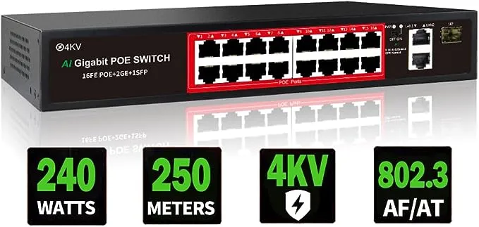 PoE Switch with 16 POE Ports +2 Gigabit Uplink,1 x 1.25G SFP,802.3af/at PoE+ 100Mbps, 240W Built-in Power, Extend to 250Meter,Unmanaged Metal Plug and Play