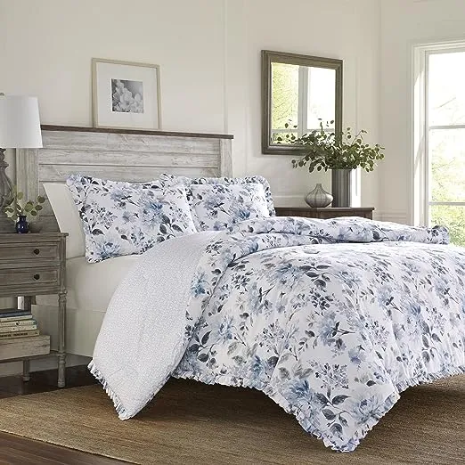 Laura Ashley Home - Queen Comforter Set, Reversible Cotton Bedding with Matching Shams, Stylish Home Decor for All Seasons (Chloe Blue, Queen)