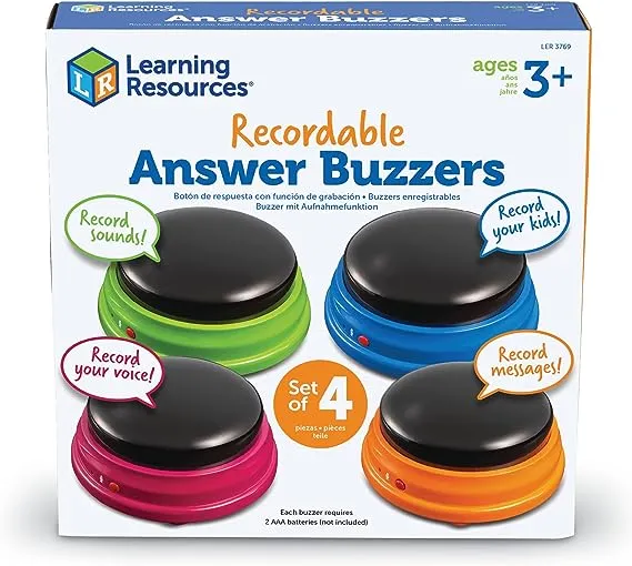 Learning Resources Recordable Answer Buzzers - Set of 4, Ages 3+ | Pre-K Personalized Sound Buzzers, Recordable Buttons, Game Show Buzzers, Perfect for Family Game and Trivia Nights,Stocking Stuffers