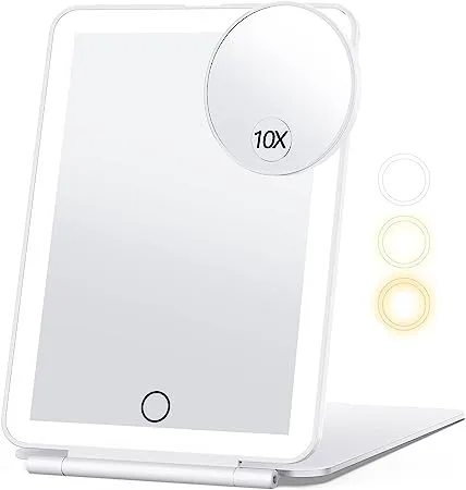 Rechargeable Makeup Mirror for Travel, Vanity Mirror Touch Dimming with 10X Magnifying Mirror, 3 Color Light 80Led, 2000mAh Battery, Portable Ultra Slim Folding Lighted Makeup Mirror, Travel Essential