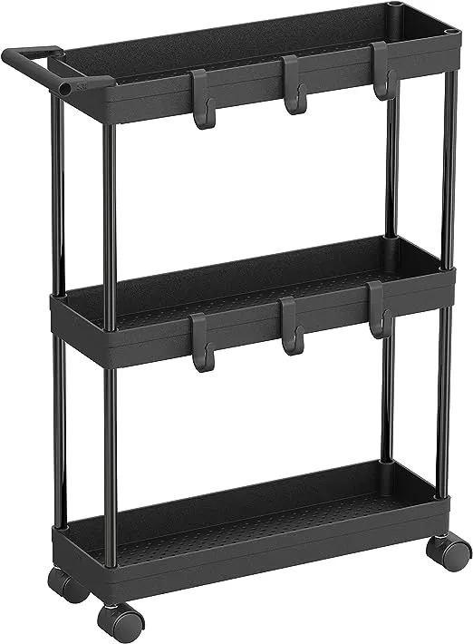 3-Tier Slim/Super Narrow Kitchen Cart with Handle, Hooks and Storage with Shelve