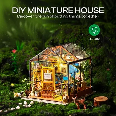 ROBOTIME DIY Dollhouse Wooden Miniature Furniture Kit Mini Green House with LED Best Birthday Gifts