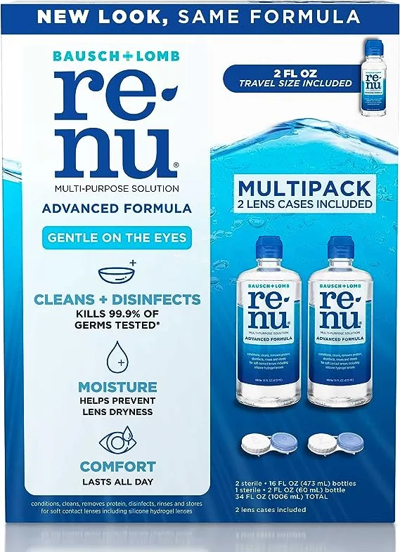 renu Contact Lens Solution, Multi-Purpose Disinfectant, Advanced Formula Kills 99.9% of Germs, 16 Fl Oz (Pack of 2), Includes 2 Fl Oz Travel Size