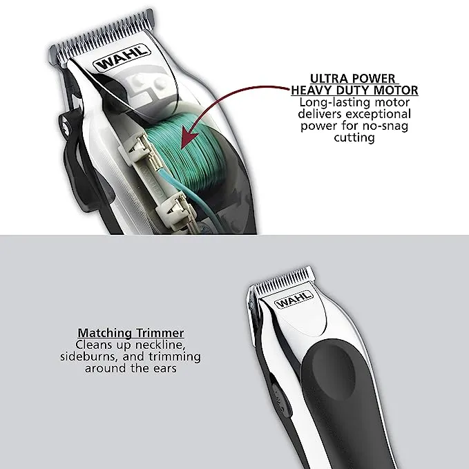 Wahl Clipper USA Deluxe Corded Chrome Pro, Complete Hair and Trimming Kit, Includes Corded Clipper, Cordless Battery Trimmer, and Styling Shears, for a Cut Every Time - Model 79524-5201M