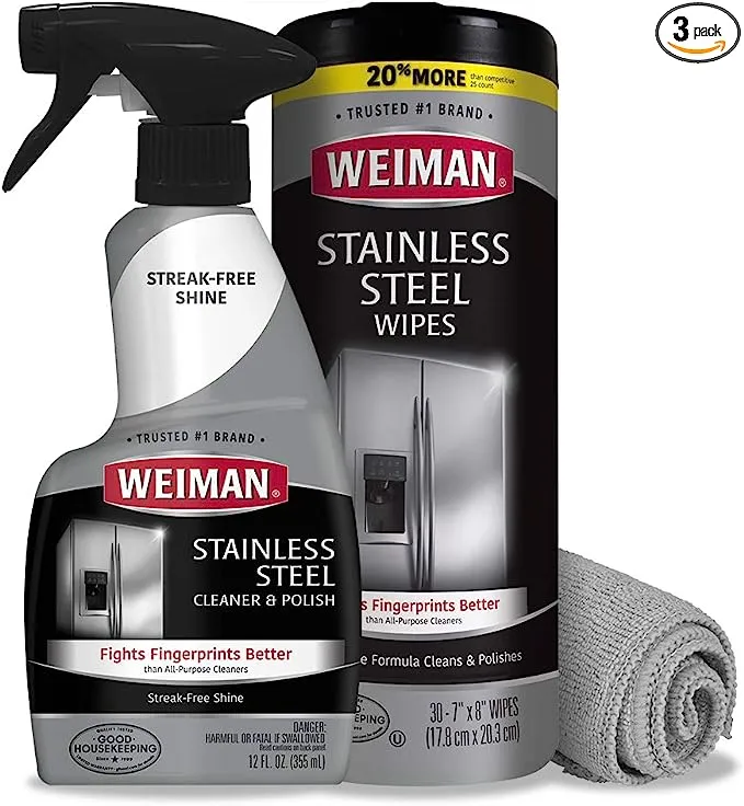 Weiman Stainless Steel Cleaner Kit - Fingerprint Resistant, Removes Residue, Water Marks and Grease from Appliances