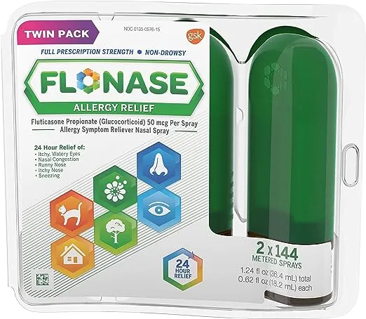 Flonase Allergy Relief Nasal Spray, 24 Hour Non Drowsy Allergy Medicine, Metered Nasal Spray - 144 Sprays (Pack of 2) - Fall and Seasonal Allergy Relief