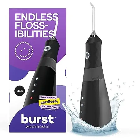 BURST Water Flosser for Teeth Cleaning – Cordless Water Flosser Picks for Plaque Removal Between Teeth, Braces & Dental Work – Electric & Portable Water Floss – Refillable 110mL Tank, 3 Modes – BlackBURST Water Flosser for Teeth Cleaning – Cordless Water