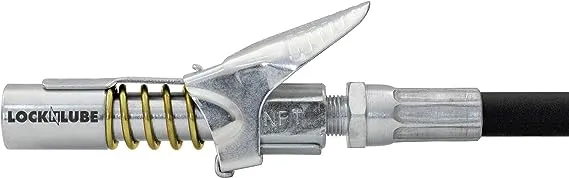 LockNLube Grease Gun Coupler locks onto Zerk fittings. Grease goes in, not on the machine. World's best-selling original locking grease coupler. Rated 10,000 PSI. Long-lasting rebuildable tool.