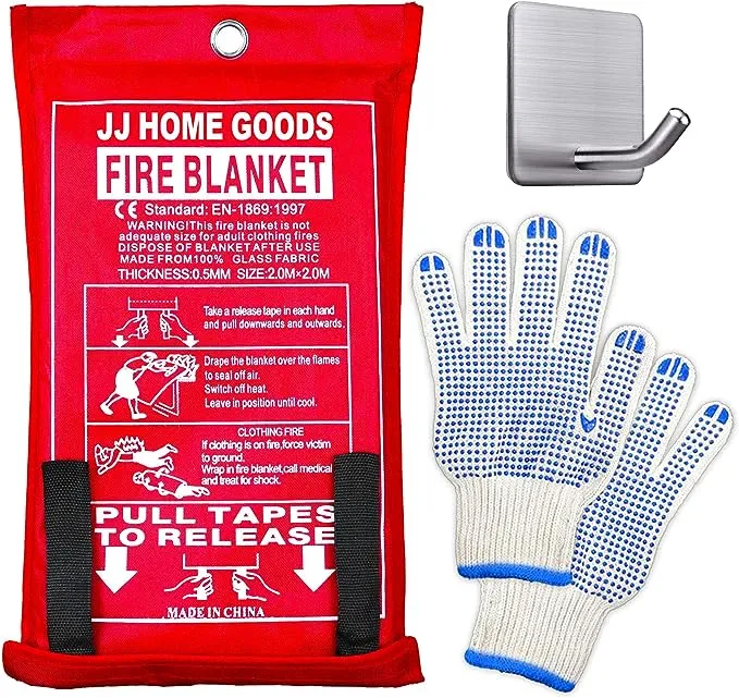 JJ Care [Extra Large] Fire Blanket for Home 6.5 ft x 6.5 ft with Hook & Gloves, Fire Suppression Blanket, Emergency Fire Blanket for People, Fire