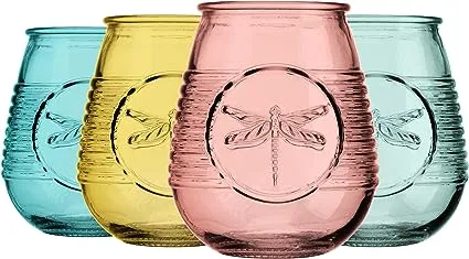 Set of 4 21 Oz. Colored Glasses Multicolor Embossed Dragonfly Wine Glasses NEW