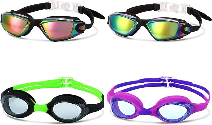 4 Pack Kids Swim Goggles Ages 6-14 UV Protection Anti Fog No Leaking Pool Swimming Goggles for Boys Girls Youth