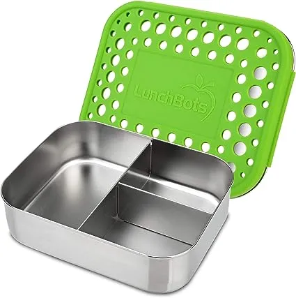 LunchBots Large Trio Stainless Steel Lunch Container -Three Section Design for Sandwich and Two Sides - Metal Bento Lunch Box - Eco-Friendly - Stainless Lid - Aqua Dots