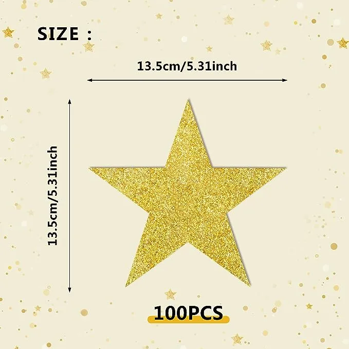 KEEPARTY 100 Pcs Glitter Gold Five Star Cutouts Paper Star Confetti Cutouts Gold Star Cutouts for Bulletin Board Stars Accents Classroom Wall Party