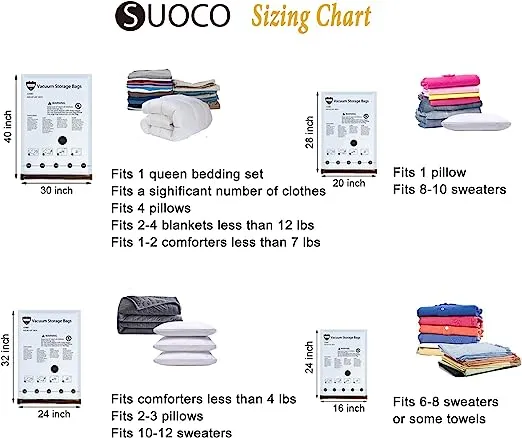 SUOCO Vacuum Storage Bags (8 Combo), (2 Jumbo, 2 Large, 2 Medium, 2 Small) Space Saver Bags for Clothes, Bedding, Pillows, Comforters, Blankets Storage, Vacuum Sealer Compression Airtight Bags with Travel Hand PumpSUOCO Vacuum Storage Bags (8 Combo), (2 